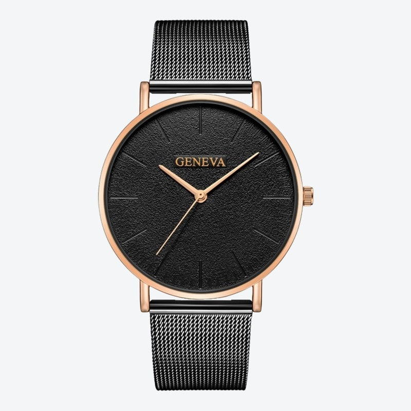 Relógio Minimalista Geneva Preto Pulseira de Metal 40mm