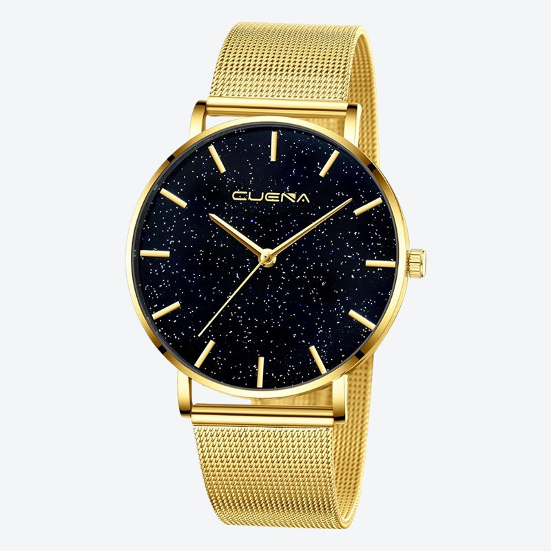 Relógio Minimalista Cuena Galaxy Dourado Pulseira de Metal 40mm