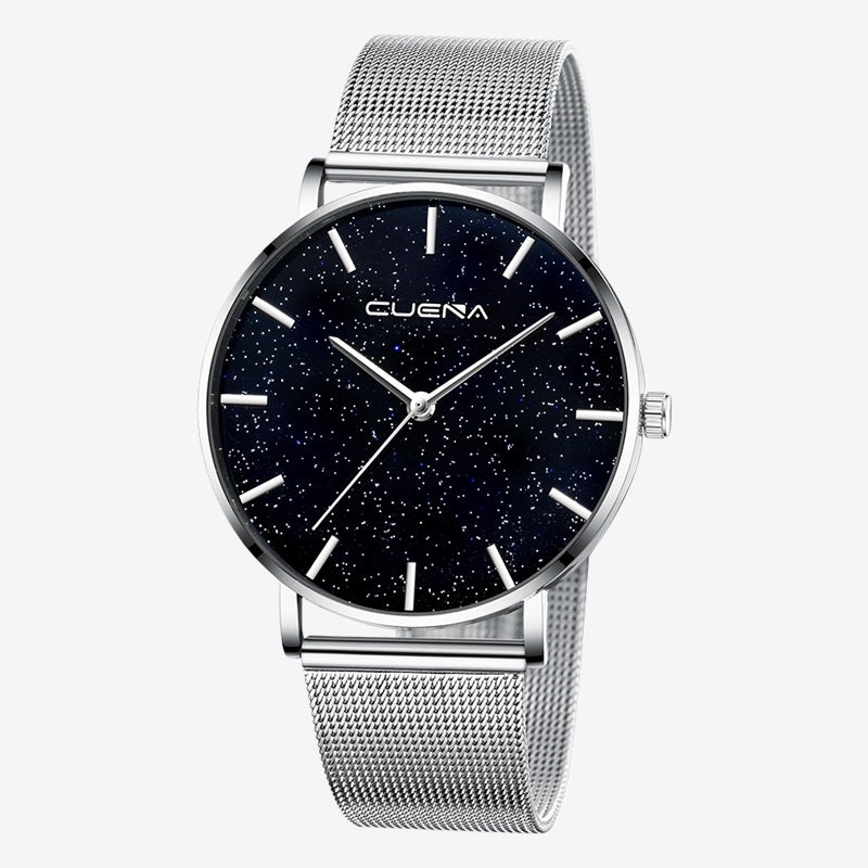 Relógio Minimalista Cuena Galaxy Prata Pulseira de Metal 40mm