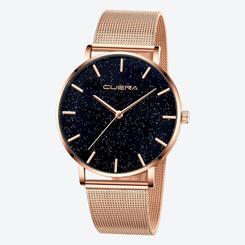 Relógio Minimalista Cuena Galaxy Rosé Gold Pulseira de Metal 40mm